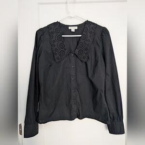Calligraphie 100% Cotton Black Eyelet Collar Blouse Women's Size Medium